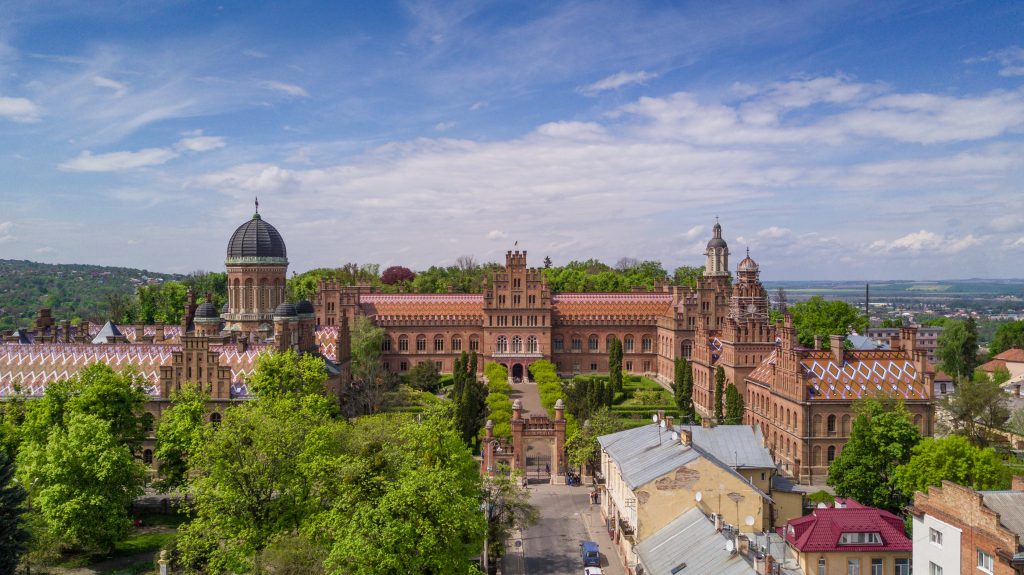Aerial view of Residence of Bukovinian and Dalmatian Metropolitans. Chernivtsi National University. Chernivtsi touristic destination of Ukraine.