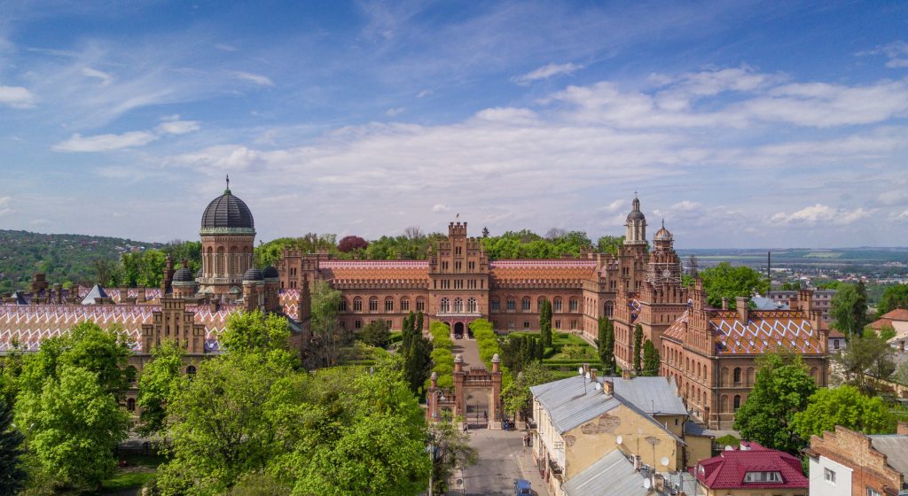 Aerial view of Residence of Bukovinian and Dalmatian Metropolitans. Chernivtsi National University. Chernivtsi touristic destination of Ukraine.